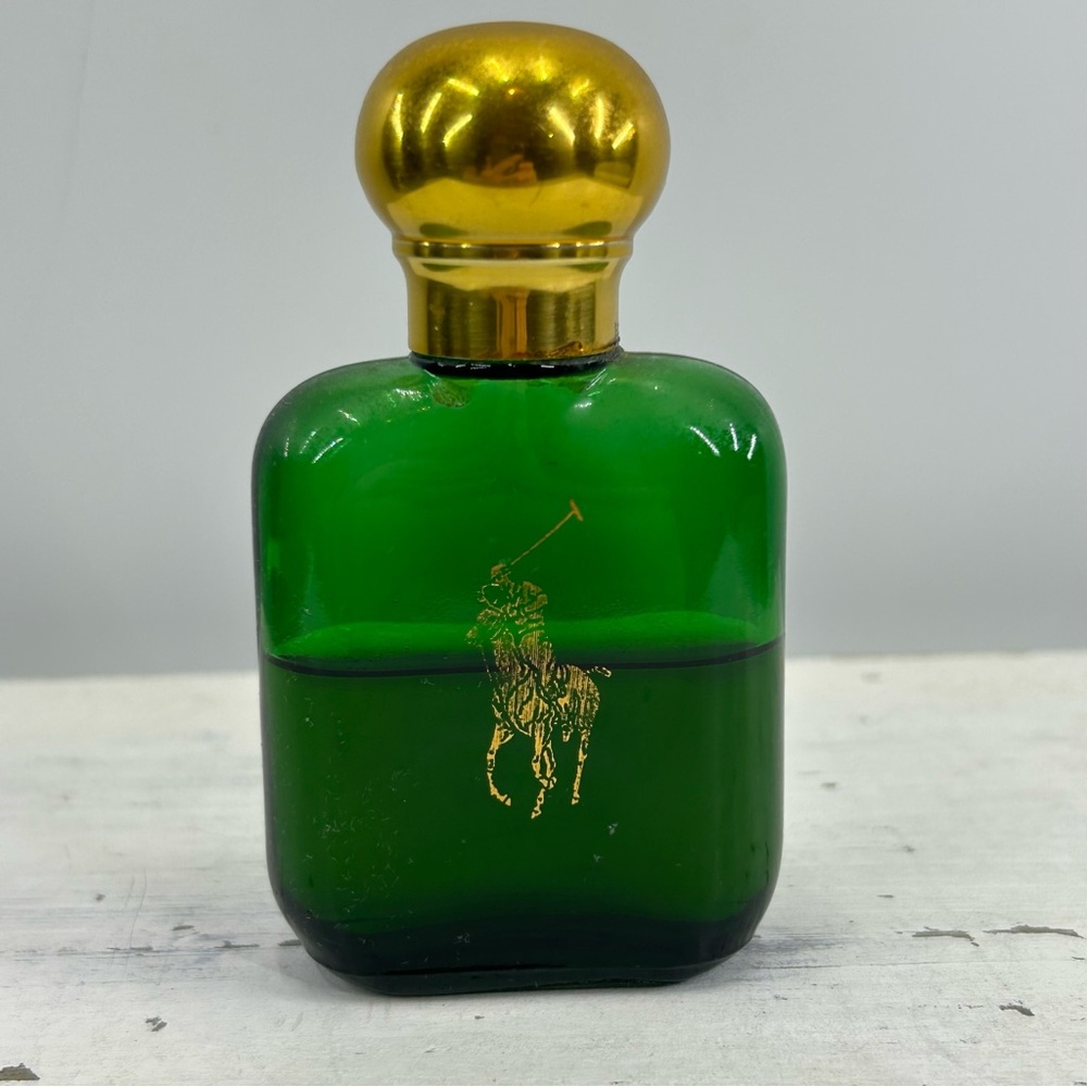 Ralph Lauren Cologne 1/2 Full Emerald Green Glass Polo Decanter w/ Gold Stopper